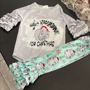 Kids Christmas Hippo  Set - Gray and Mint